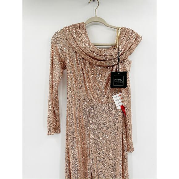 Mac Duggal 26596 Rose Gold Sequined Drop Shoulder Long Sleeve Jumpsuit 2 NWT - Picture 4 of 7